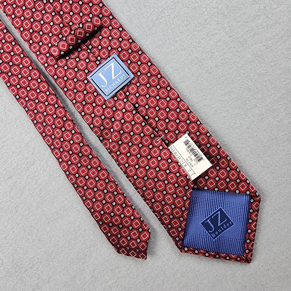 JZ Richards Tie Mens One Size Red Geometric Silk Handmade USA Necktie Classic